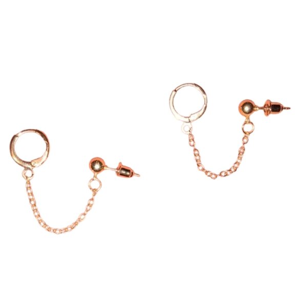 Gold Double Pierced Ears Connected Earrings Chain Hoops Piercing Hoop Studs - Picture 1 of 11
